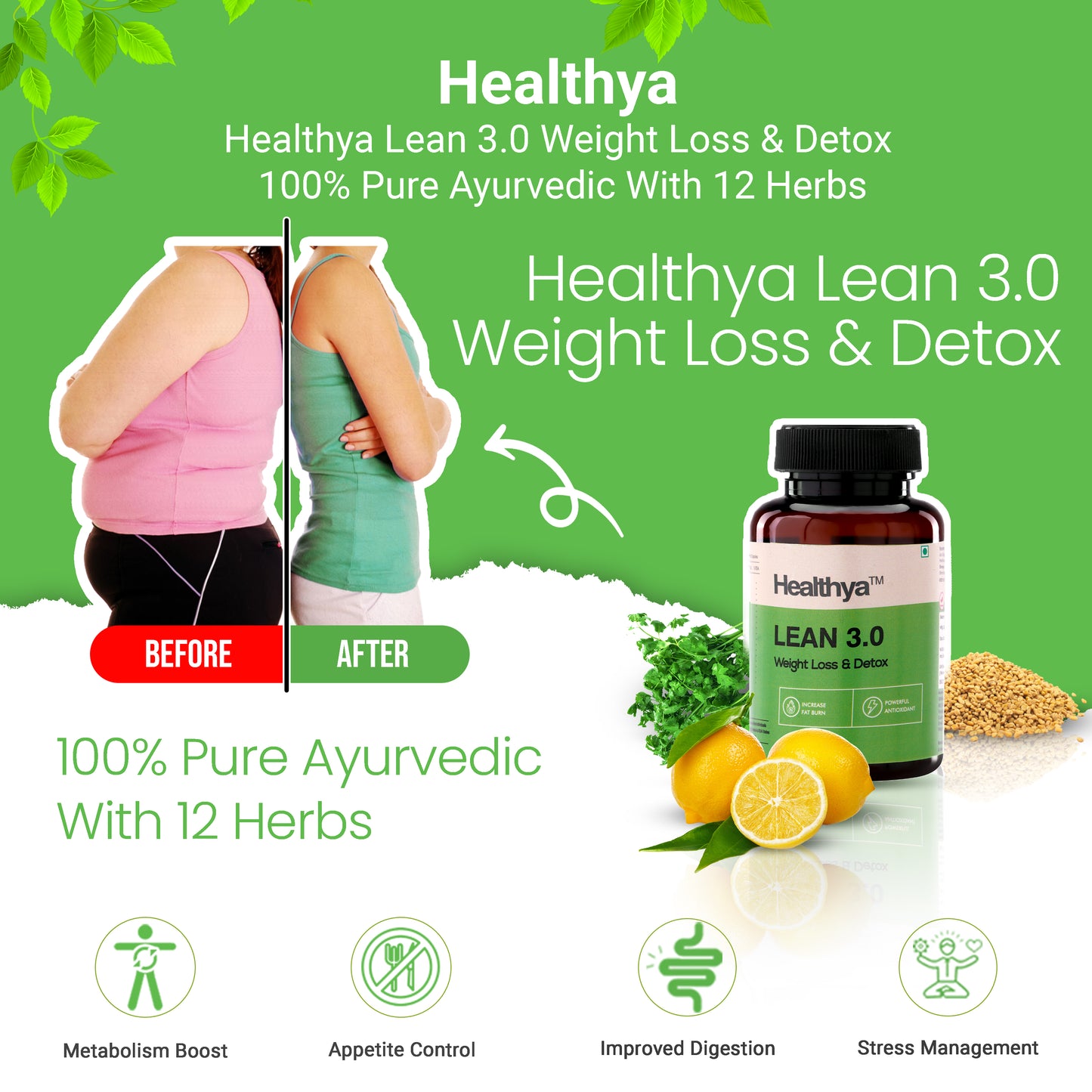 Healthya Lean 3.0 Weight Loss, Body Detox 100% Natural 18 Natural Herbs 60 Tablets