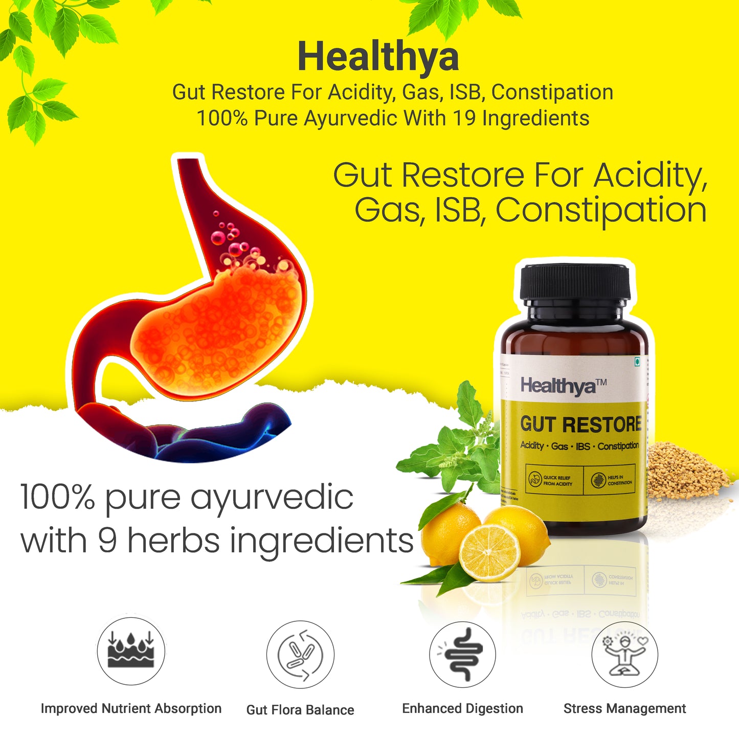 Healthya Gut Restore 60 Tablets Stop Indigestion, Gas, IBS, Stomach Pain, Better Digestion 100% Natural